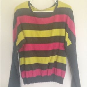 pink, gray, and yellow striped sweater